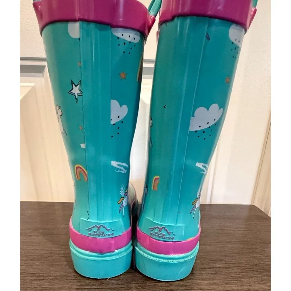 Blue Mountain Kids Unicorn Rainbow Rain Boots Size 13T Aqua Pink Waterproof